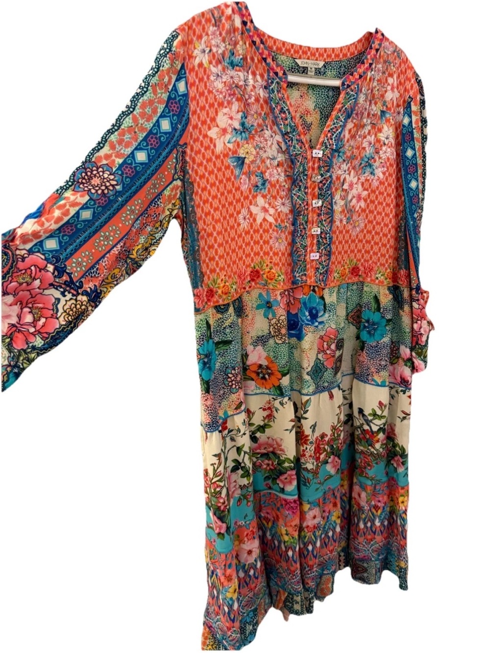 John Mark Orange Floral Midi Dress with Blue Trim - Picture 4 of 6